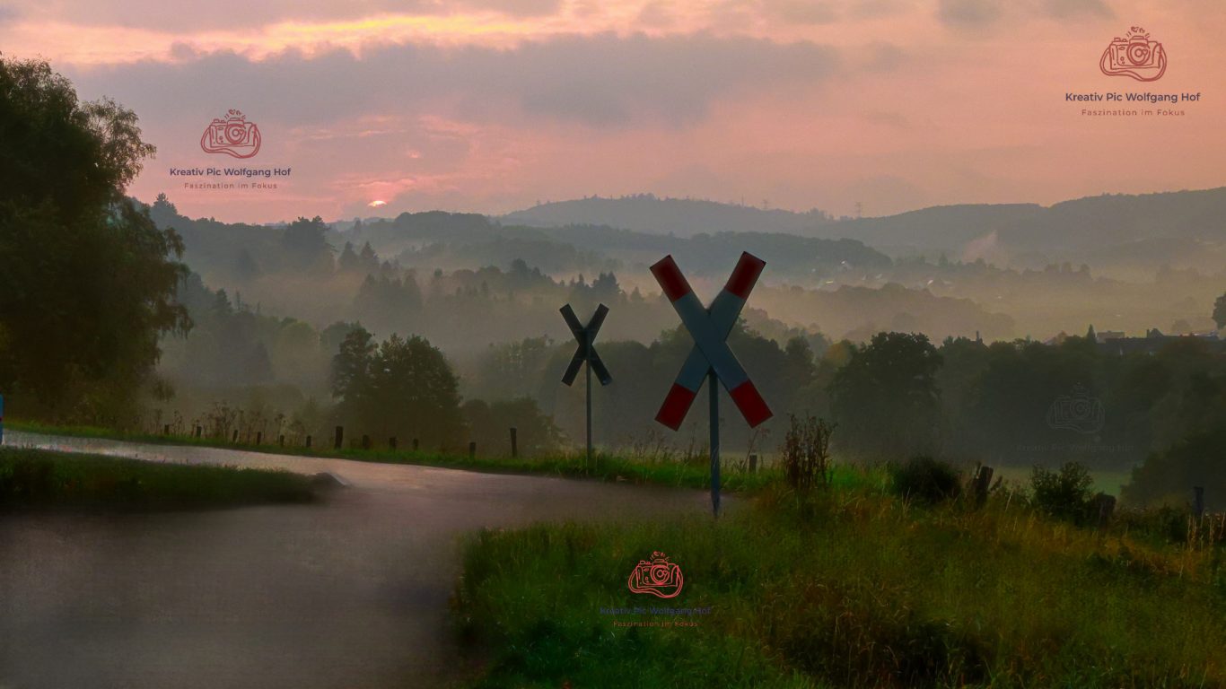 Heimat 58849 Herscheid Hüinghausen, NRW Landschaft mit Bahnübergang und sanften Hügeln im Nebel bei Sonnenaufgang.